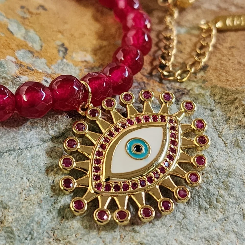 Natural Raw Garnet Stone Hypoallergenic Jewelry 14K Gold plated Eye Pendant